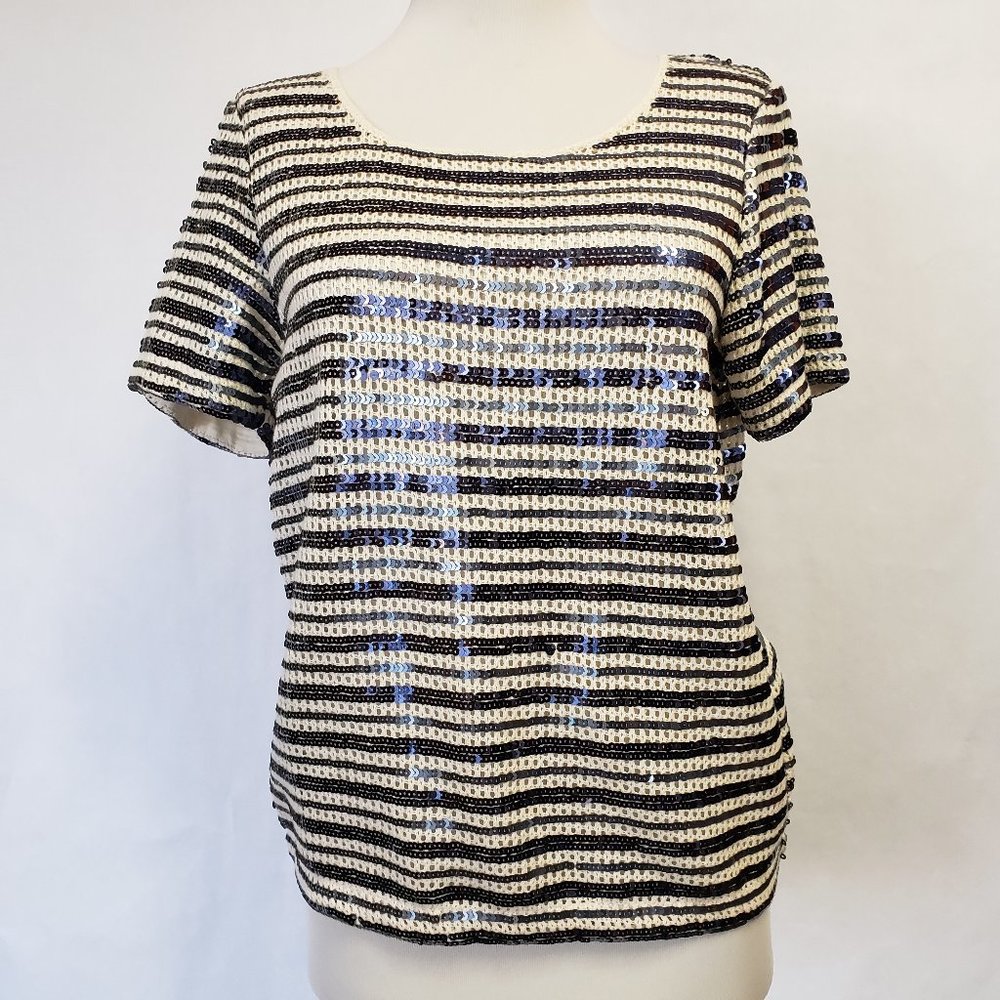 Chico's striped blue Sequin white crochet blouse